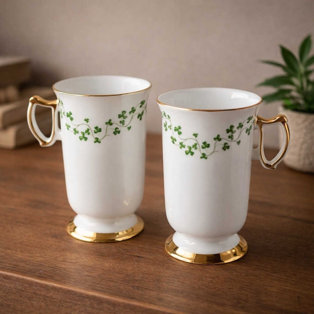 Royal Tara Fine Bone China‎ Shamrock Footed Mugs Set of 2 Gold Trim Ireland